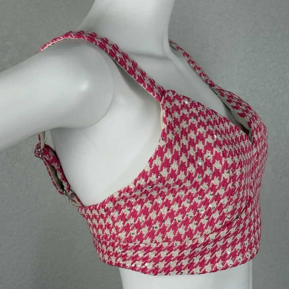 Rivir Houndstooth Bustier Crop Top Bralette Tweed Pink White Size S